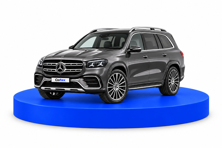 Графитовый Mercedes-Benz GLS на синем подиуме